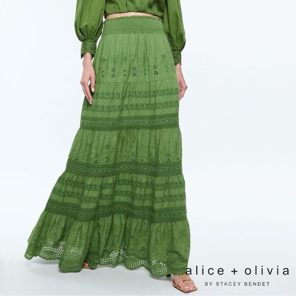 Alice+ Olivia **NWT** Aisha Tiered Eyelet Cotton Maxi Skirt in Avocado Green